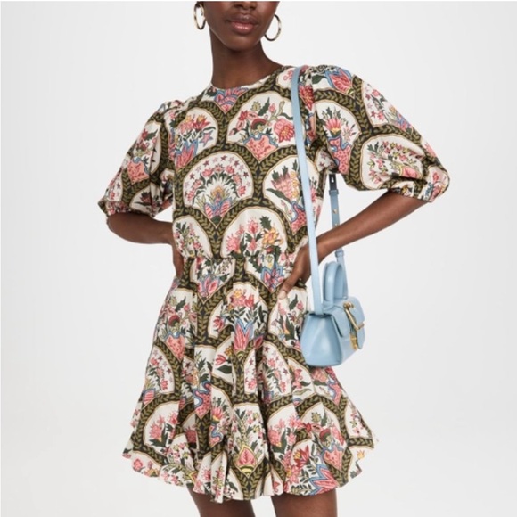 RHODE Dresses & Skirts - RHODE Molly Mushroom Pink and Green Floral Puff Sleeve Lace up Back Mini Dress S